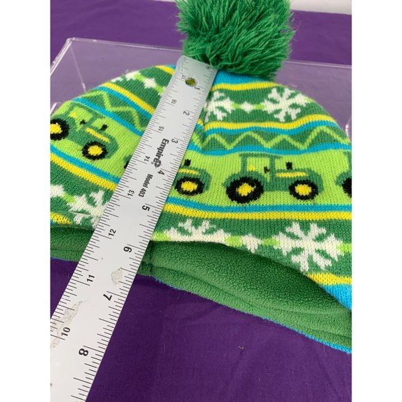 John Deer Toddle One Size Tractor Snowflake Green Blue Beanie Hat Pompom - Picture 7 of 12